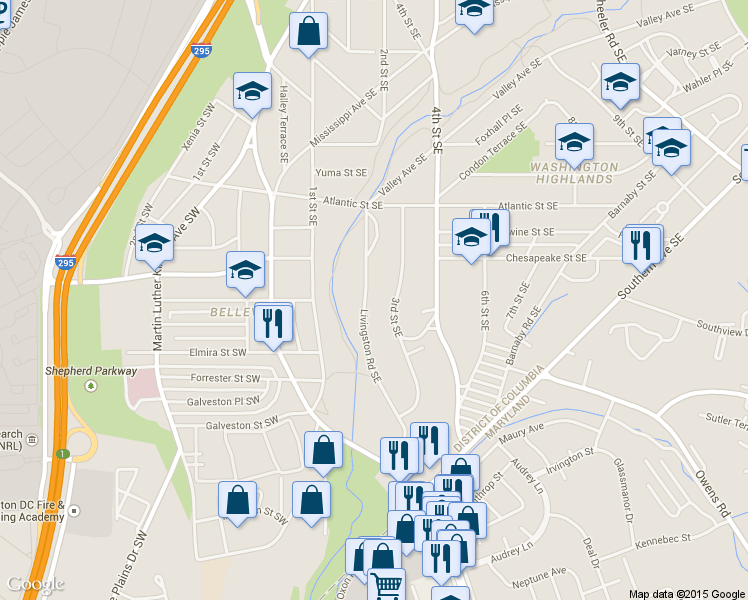 map of restaurants, bars, coffee shops, grocery stores, and more near 4212 Livingston Road Southeast in Washington