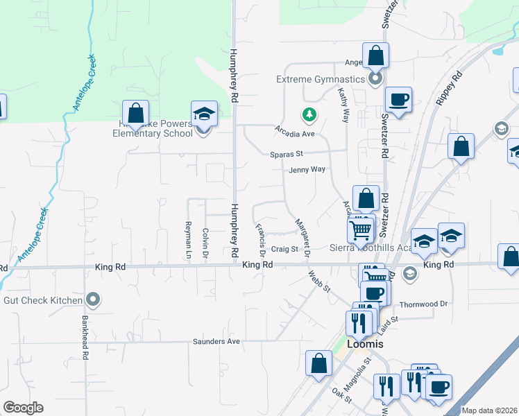 map of restaurants, bars, coffee shops, grocery stores, and more near 3414 Francis Drive in Loomis