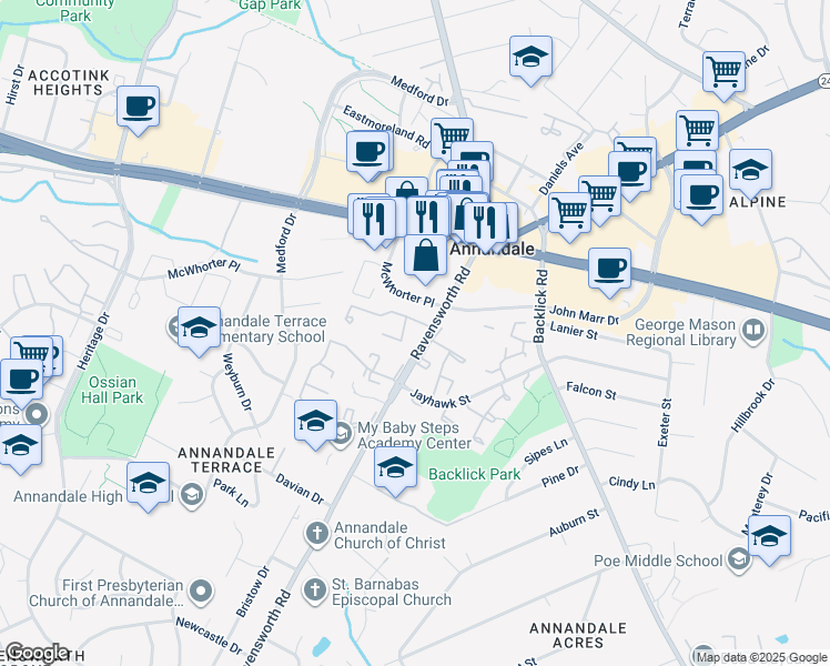 map of restaurants, bars, coffee shops, grocery stores, and more near 4411 Chase Park Court in Annandale