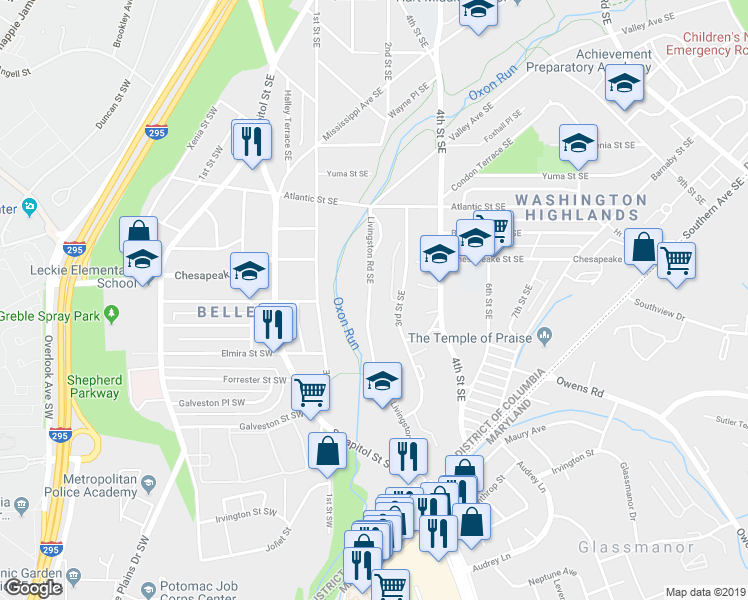 map of restaurants, bars, coffee shops, grocery stores, and more near 4212 Livingston Road Southeast in Washington