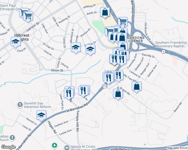 map of restaurants, bars, coffee shops, grocery stores, and more near 3503 Riviera Street in Temple Hills