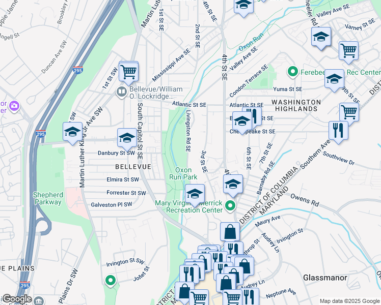 map of restaurants, bars, coffee shops, grocery stores, and more near 4212 Livingston Road Southeast in Washington