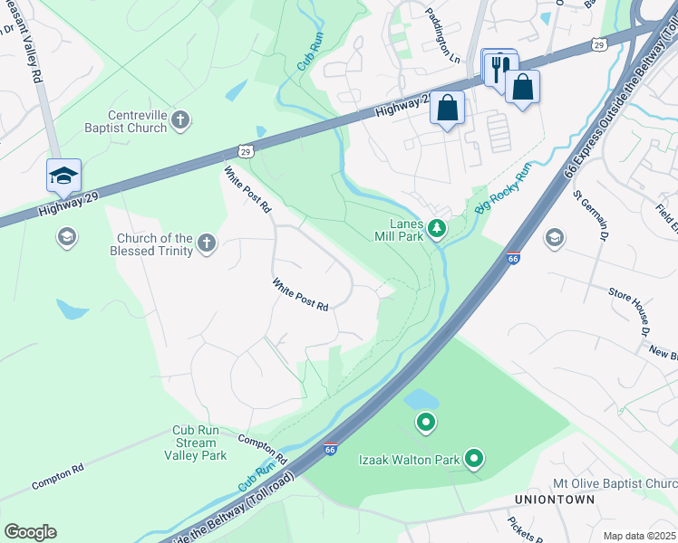 map of restaurants, bars, coffee shops, grocery stores, and more near 14951 Red Post Court in Centreville