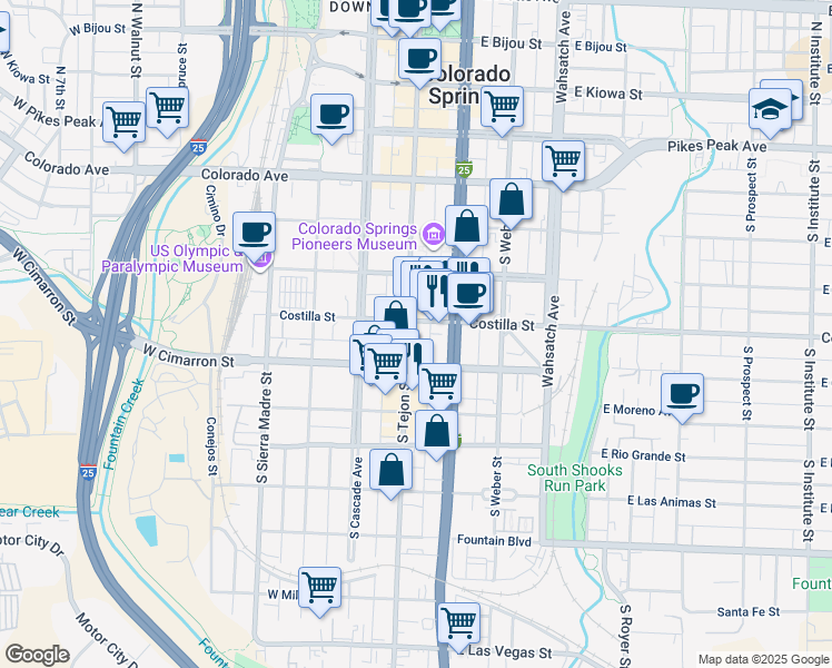 map of restaurants, bars, coffee shops, grocery stores, and more near 411 South Tejon Street in Colorado Springs