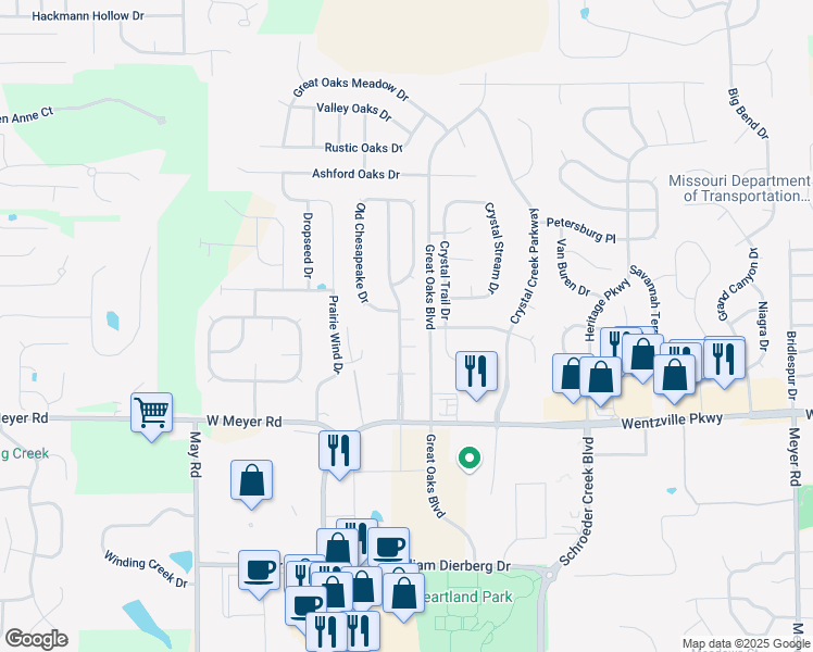 map of restaurants, bars, coffee shops, grocery stores, and more near 51 Old Jamestown Court in Wentzville