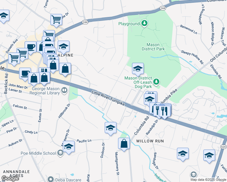 map of restaurants, bars, coffee shops, grocery stores, and more near 4413 Roberts Avenue in Annandale