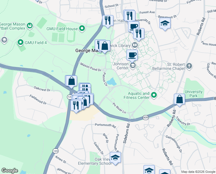 map of restaurants, bars, coffee shops, grocery stores, and more near 4400 University Drive in Fairfax