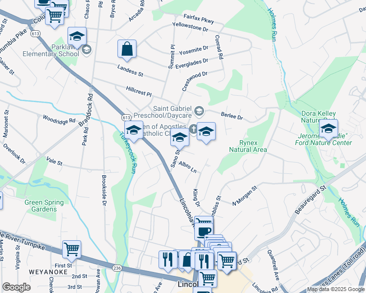 map of restaurants, bars, coffee shops, grocery stores, and more near 6330 Applegarth Court in Alexandria
