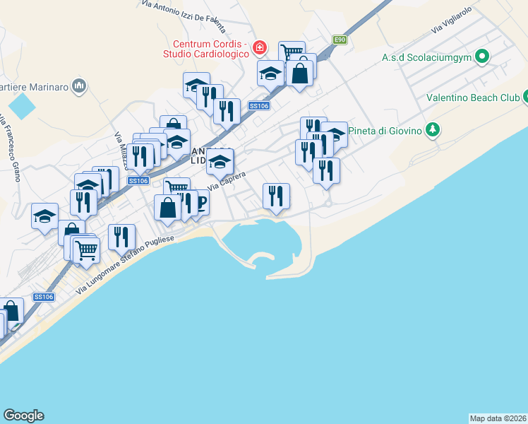 map of restaurants, bars, coffee shops, grocery stores, and more near 56 Via Lungomare in Catanzaro