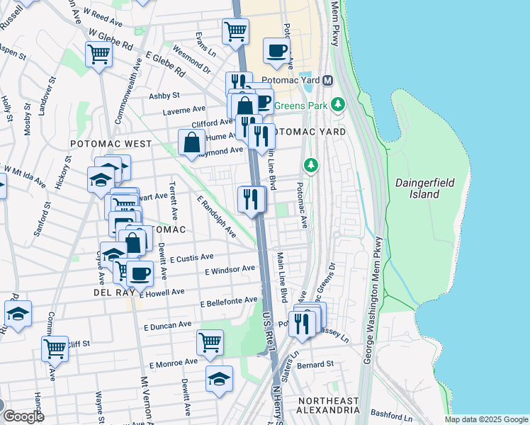 map of restaurants, bars, coffee shops, grocery stores, and more near 2405 Richmond Highway in Alexandria