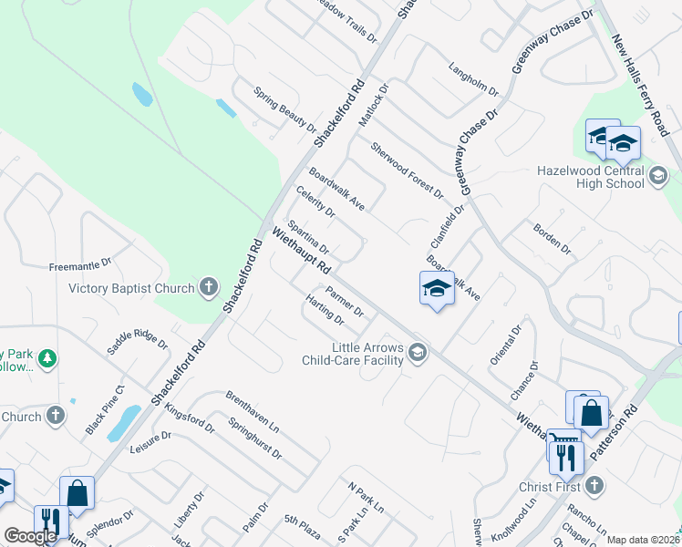 map of restaurants, bars, coffee shops, grocery stores, and more near 1241 Parmer Drive in Florissant