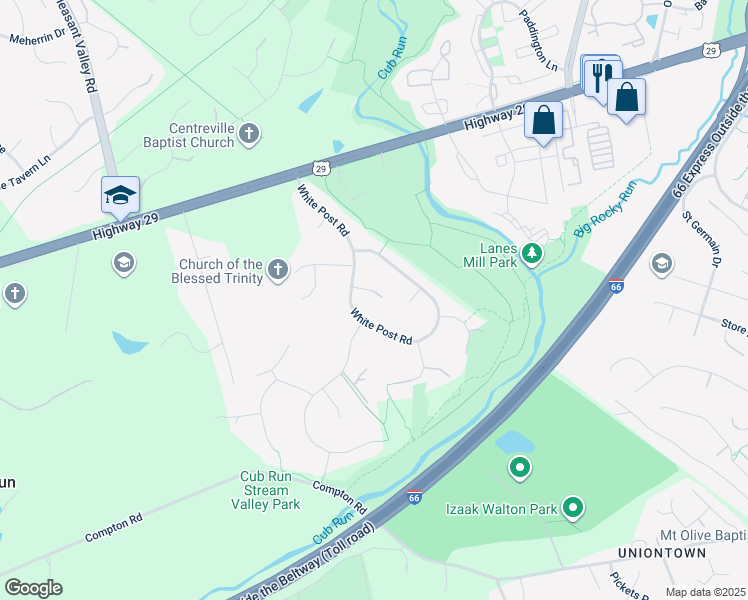map of restaurants, bars, coffee shops, grocery stores, and more near 14983 Gold Post Court in Centreville