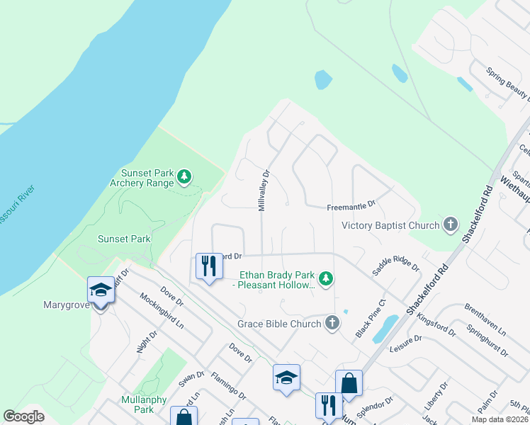 map of restaurants, bars, coffee shops, grocery stores, and more near 2475 Stoney End Court in Florissant
