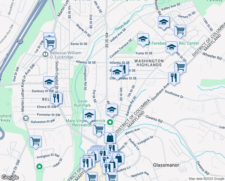 map of restaurants, bars, coffee shops, grocery stores, and more near 4214 4th Street Southeast in Washington