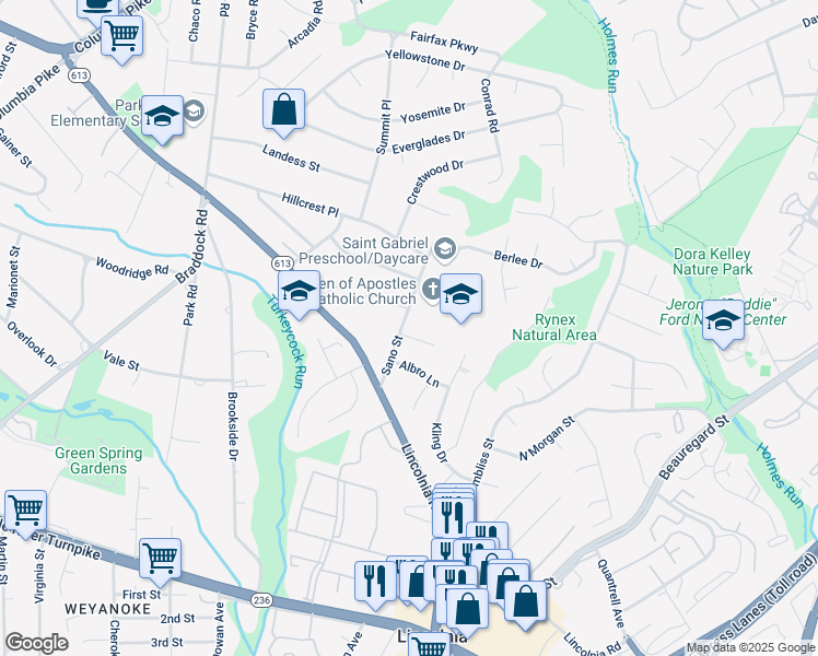 map of restaurants, bars, coffee shops, grocery stores, and more near 6330 Applegarth Court in Alexandria