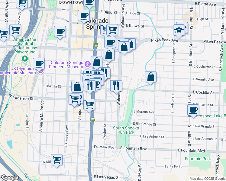 map of restaurants, bars, coffee shops, grocery stores, and more near 315 East Costilla Street in Colorado Springs