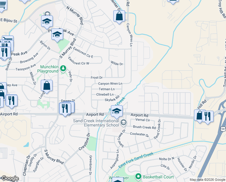 map of restaurants, bars, coffee shops, grocery stores, and more near 4704 Clinebell Lane in Colorado Springs