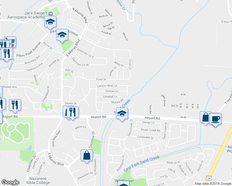 map of restaurants, bars, coffee shops, grocery stores, and more near 4681 Tetman Lane in Colorado Springs
