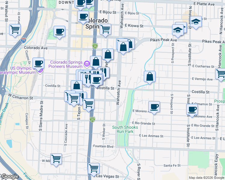 map of restaurants, bars, coffee shops, grocery stores, and more near 414 South Wahsatch Avenue in Colorado Springs