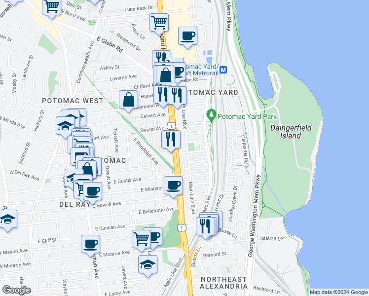 map of restaurants, bars, coffee shops, grocery stores, and more near 101 Independence Avenue Southeast in Washington