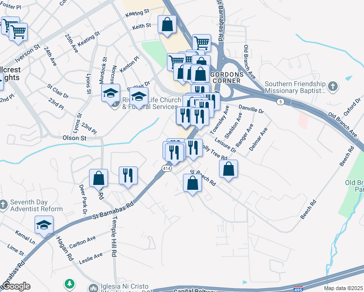 map of restaurants, bars, coffee shops, grocery stores, and more near in Marlow Heights