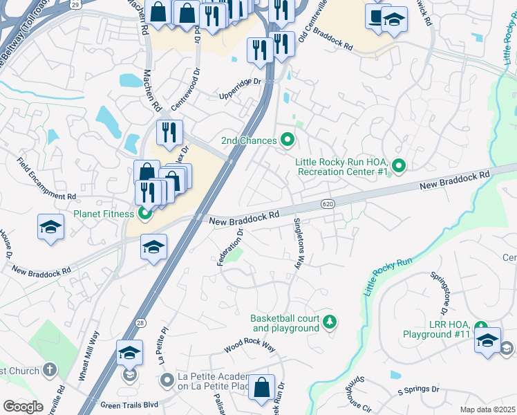 map of restaurants, bars, coffee shops, grocery stores, and more near 6116B Hoskins Hollow Circle in Centreville