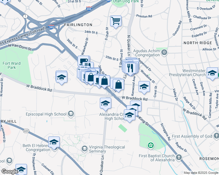 map of restaurants, bars, coffee shops, grocery stores, and more near 4112 36th Street South in Arlington