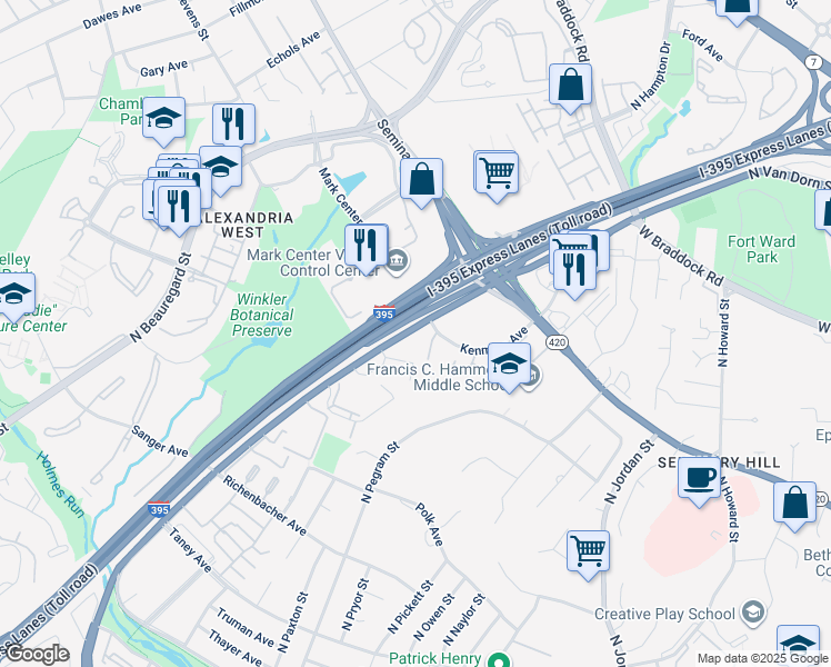 map of restaurants, bars, coffee shops, grocery stores, and more near 1655 North Van Dorn Street in Alexandria