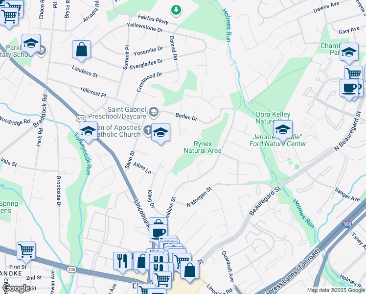 map of restaurants, bars, coffee shops, grocery stores, and more near 4416 Rynex Drive in Alexandria
