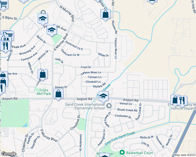 map of restaurants, bars, coffee shops, grocery stores, and more near 4608 Clinebell Lane in Colorado Springs
