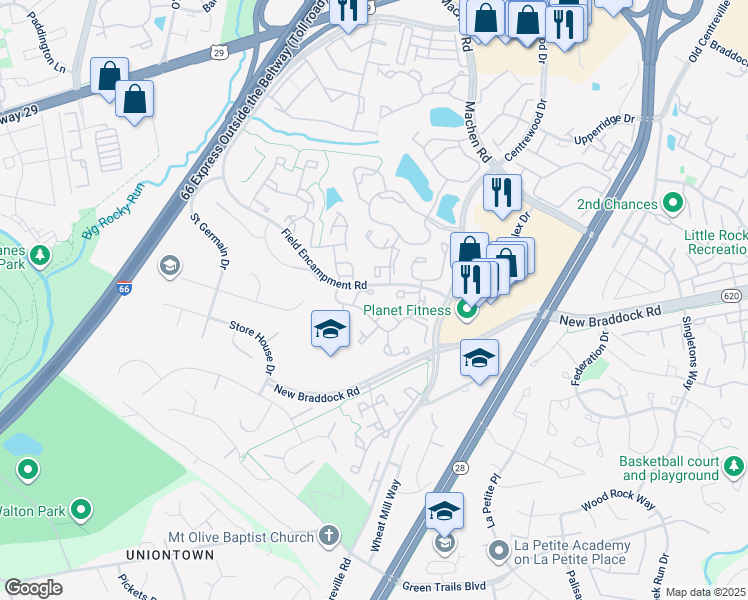 map of restaurants, bars, coffee shops, grocery stores, and more near 6411 Knapsack Lane in Centreville