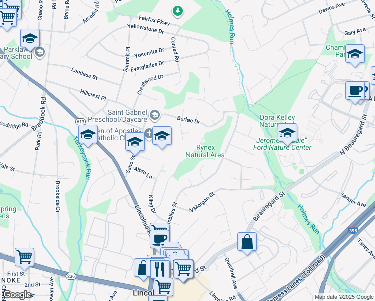 map of restaurants, bars, coffee shops, grocery stores, and more near 4416 Rynex Drive in Alexandria
