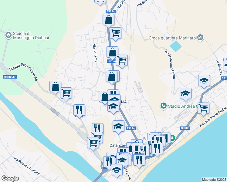 map of restaurants, bars, coffee shops, grocery stores, and more near 276 Viale Magna Grecia in Catanzaro