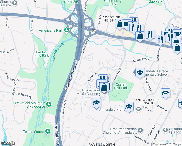 map of restaurants, bars, coffee shops, grocery stores, and more near 4420 Briarwood Court North in Annandale