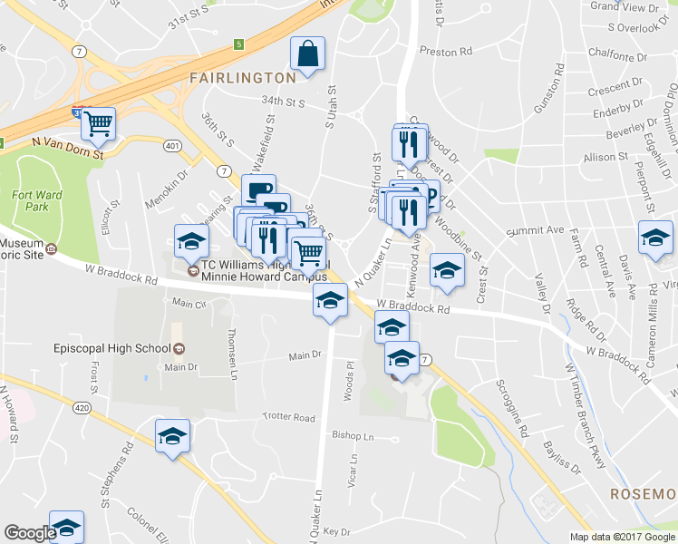 map of restaurants, bars, coffee shops, grocery stores, and more near 4112 36th Street South in Arlington