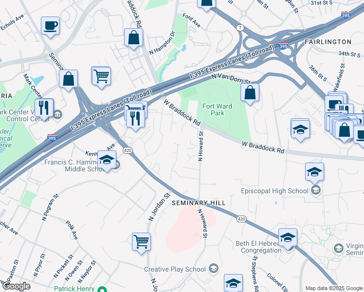 map of restaurants, bars, coffee shops, grocery stores, and more near 1725 Stonebridge Road in Alexandria