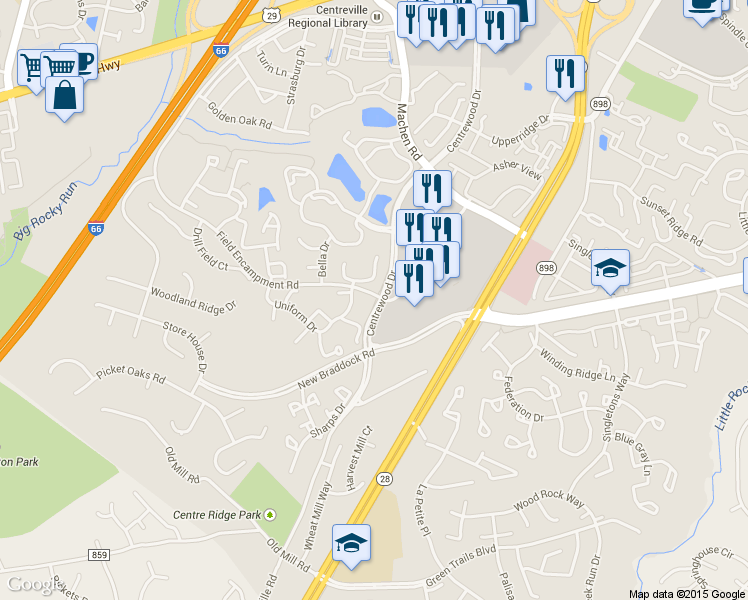 map of restaurants, bars, coffee shops, grocery stores, and more near 97426 Field Encampment Road in Centreville
