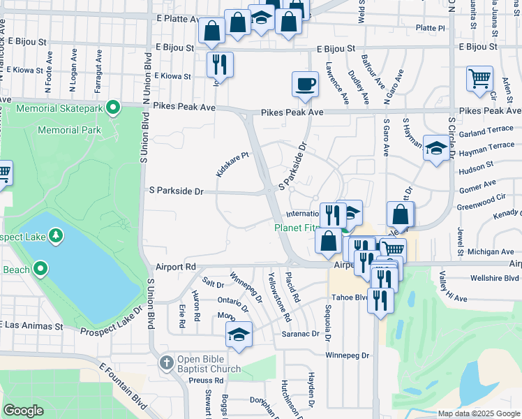 map of restaurants, bars, coffee shops, grocery stores, and more near 215 South Parkside Drive in Colorado Springs