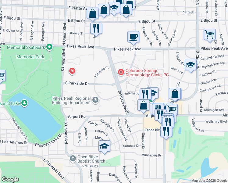 map of restaurants, bars, coffee shops, grocery stores, and more near 215 South Parkside Drive in Colorado Springs