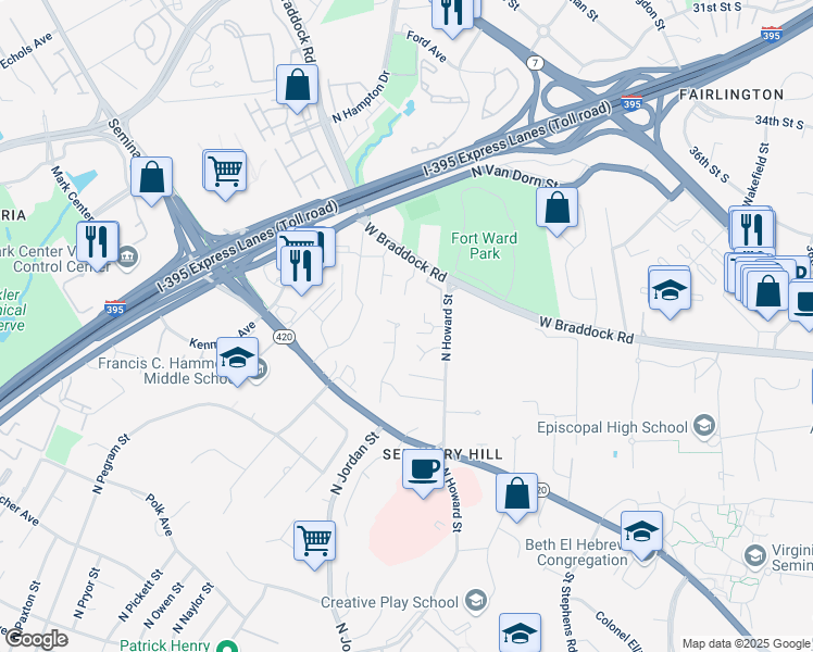 map of restaurants, bars, coffee shops, grocery stores, and more near 1725 Stonebridge Road in Alexandria