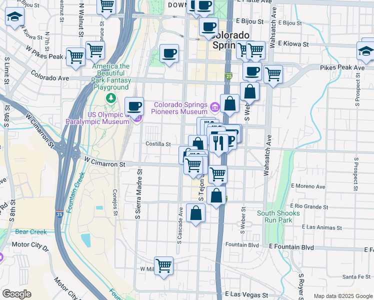 map of restaurants, bars, coffee shops, grocery stores, and more near 422 South Tejon Street in Colorado Springs