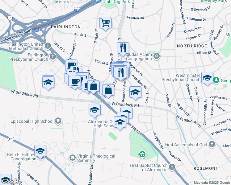 map of restaurants, bars, coffee shops, grocery stores, and more near 1736 Osage Street in Alexandria
