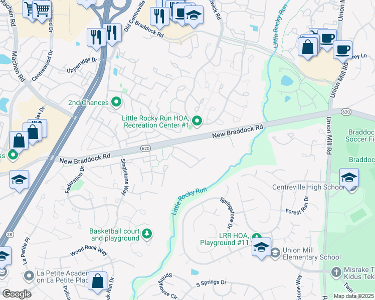map of restaurants, bars, coffee shops, grocery stores, and more near 13830 Fount Beattie Court in Centreville