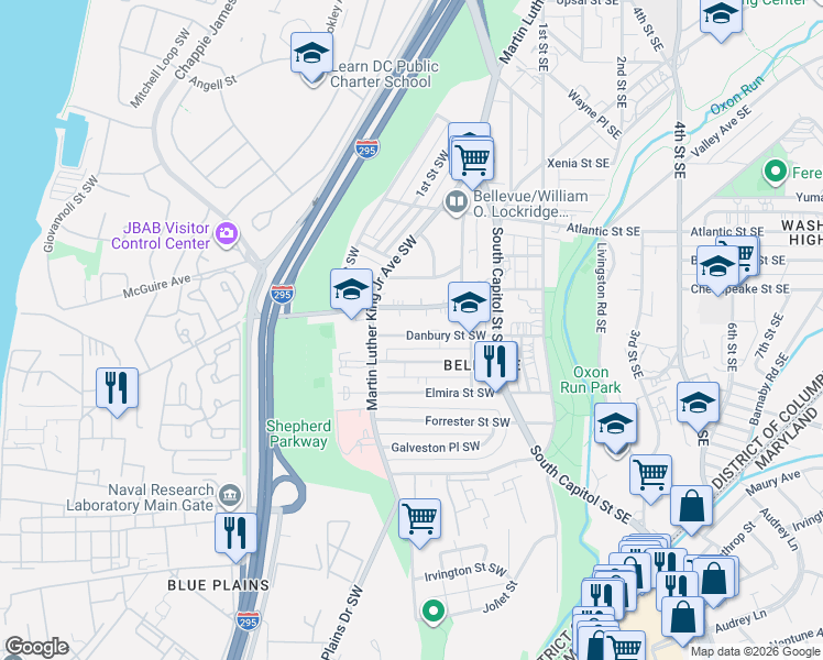 map of restaurants, bars, coffee shops, grocery stores, and more near 133 Danbury Street Southwest in Washington