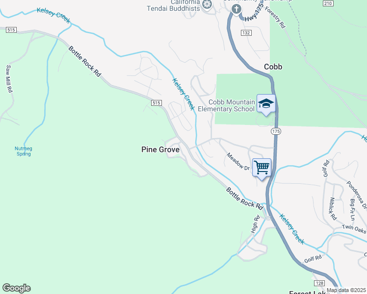 map of restaurants, bars, coffee shops, grocery stores, and more near 16095 Bottle Rock Road in Cobb