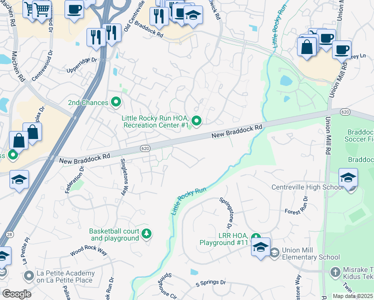 map of restaurants, bars, coffee shops, grocery stores, and more near 13830 Fount Beattie Court in Centreville