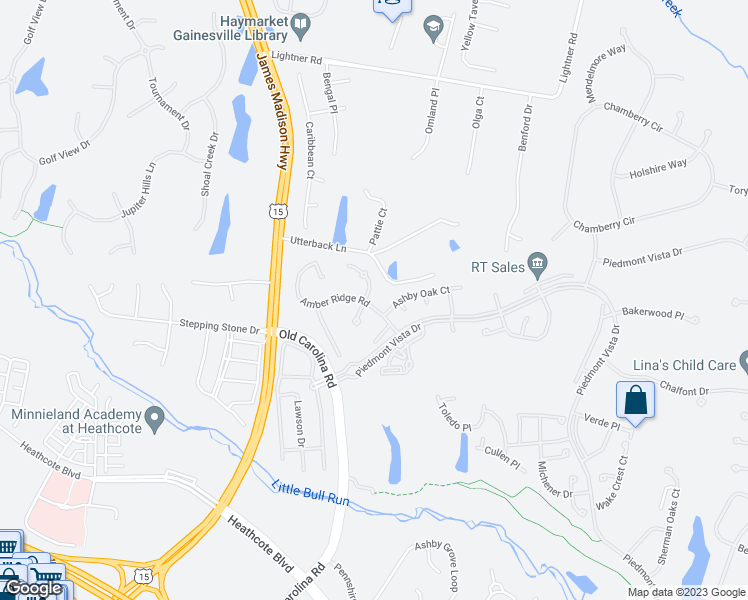 map of restaurants, bars, coffee shops, grocery stores, and more near 5979 Amber Ridge Road in Haymarket