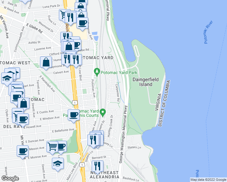 map of restaurants, bars, coffee shops, grocery stores, and more near 717 Day Lane in Alexandria