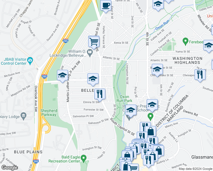 map of restaurants, bars, coffee shops, grocery stores, and more near 18 Danbury Street Southeast in Washington