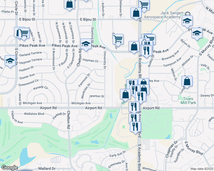 map of restaurants, bars, coffee shops, grocery stores, and more near 3669 South Temple Street in Colorado Springs